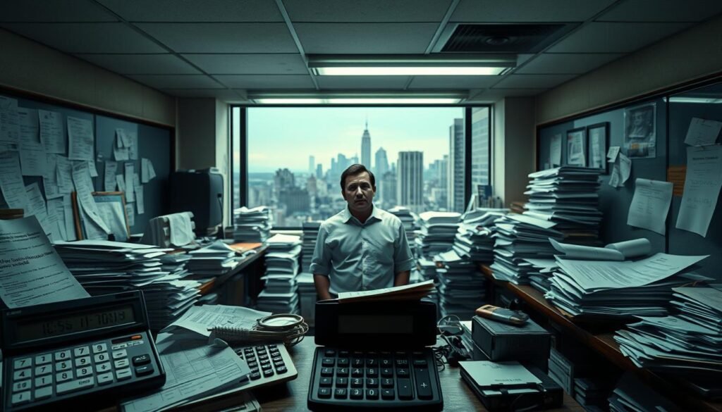 A dilapidated office scene, filled with scattered paperwork and a looming sense of financial pitfalls. In the foreground, a desk cluttered with overdue notices and a calculator displaying complex equations. Overhead, harsh fluorescent lighting casts long shadows, creating an atmosphere of unease. In the middle ground, a confused individual stands amidst the chaos, surrounded by stacks of documents and a mood of frustration. The background is a blurred cityscape, hinting at the broader implications of these 1031 exchange missteps. The overall mood is one of anxiety and the need for cautious navigation through the complexities of this financial process.