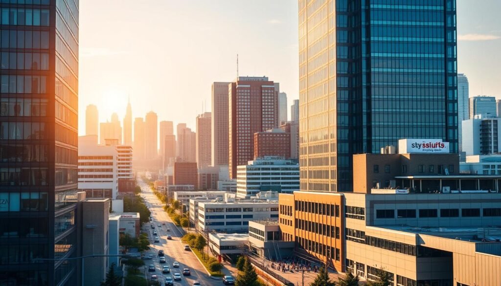 A modern, high-rise commercial building with sleek glass facades stands prominently in the foreground, casting long shadows across a bustling city street. In the middle ground, various commercial properties such as office buildings, retail spaces, and industrial warehouses are visible, each offering unique investment opportunities. The background is filled with a skyline of towering skyscrapers, conveying the vibrant, dynamic nature of the commercial real estate landscape. The scene is bathed in warm, golden light, creating a sense of prosperity and opportunity. The overall composition evokes a sense of excitement and anticipation for the diverse commercial real estate options available for potential 1031 exchange investments.
