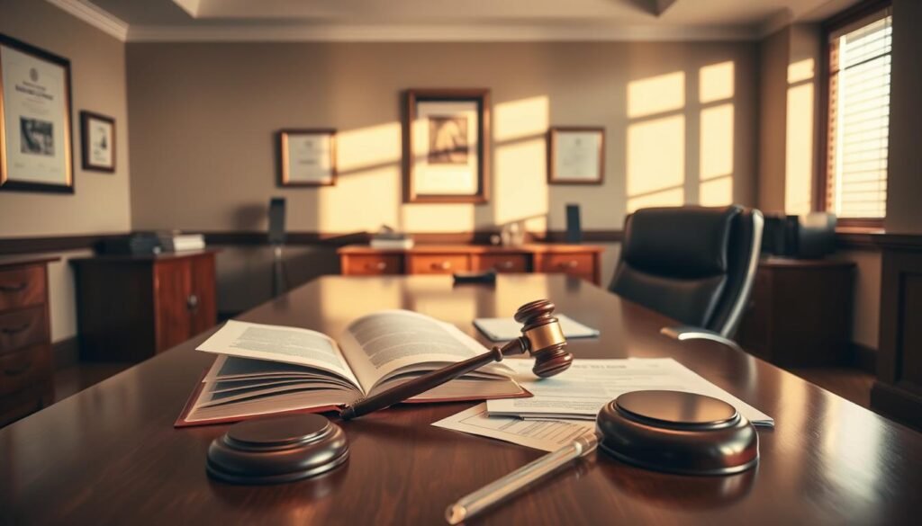 A modern law office interior with a large wooden desk, an open law book, and a gavel resting on a pile of documents. A well-dressed executive is seated at the desk, contemplating the paperwork before them. The room is bathed in warm, directional lighting, creating dramatic shadows and highlights. The walls are adorned with framed certificates and awards, hinting at the legal expertise within. The atmosphere conveys a sense of authority, professionalism, and the careful consideration of complex financial and legal matters related to "like-kind exchange" transactions.