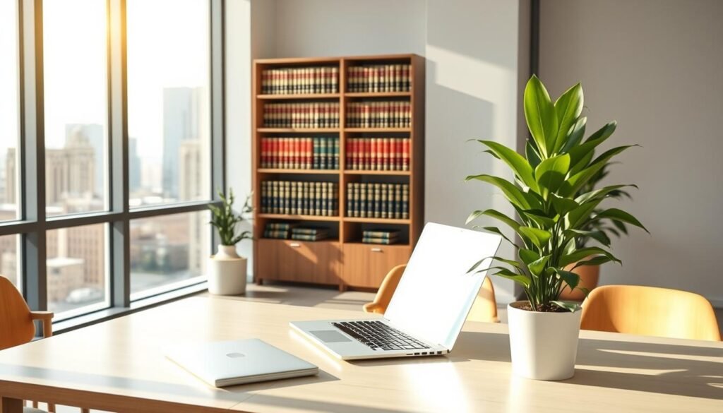 A modern, minimalist office interior with natural light streaming through large windows. In the foreground, a desk with a laptop and a potted plant, symbolizing the "like-kind" property requirement. The middle ground features a bookshelf filled with legal and financial books, hinting at the complexities of 1031 exchanges. The background showcases a cityscape view, suggesting the broader context of real estate investment. The lighting is soft and warm, creating a professional yet inviting atmosphere. The overall composition emphasizes the interplay between the tangible and intangible aspects of property investments.