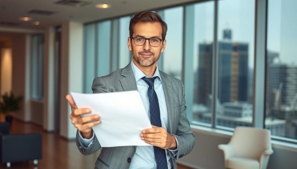 A professional, well-dressed financial advisor standing in a modern office, holding papers and gesturing with a serious, knowledgeable expression. Behind them, a clean, minimalist office interior with large windows overlooking a cityscape. Soft, even lighting illuminates the scene, creating a sense of authority and trustworthiness. The advisor's attire and demeanor convey expertise and reliability, reflecting the essential role of a qualified intermediary in a 1031 exchange.