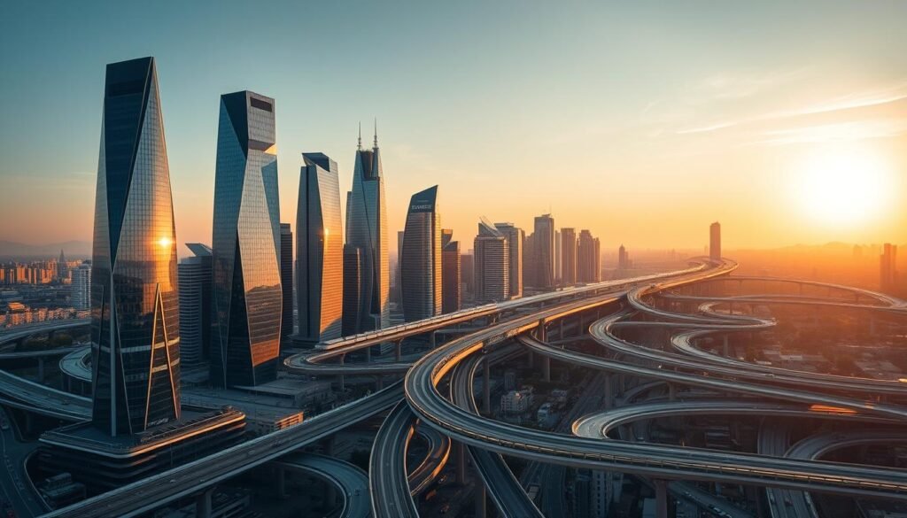 A sprawling metropolis of advanced exchange structures, where towering skyscrapers of gleaming glass and steel intersect with intricate networks of elevated highways, bridges, and railway lines. The scene is bathed in a warm, golden glow from the setting sun, casting long shadows across the urban landscape. In the foreground, a cluster of modern financial towers stand tall, their facades adorned with sleek, angular designs and reflective surfaces that mirror the surrounding cityscape. In the middle ground, a complex web of elevated train tracks and monorails criss-crosses the sky, connecting the various districts of the city. In the background, the horizon is dotted with more high-rise buildings, their silhouettes fading into the distance. The overall atmosphere conveys a sense of progress, connectivity, and the ever-evolving nature of financial and commercial exchange.