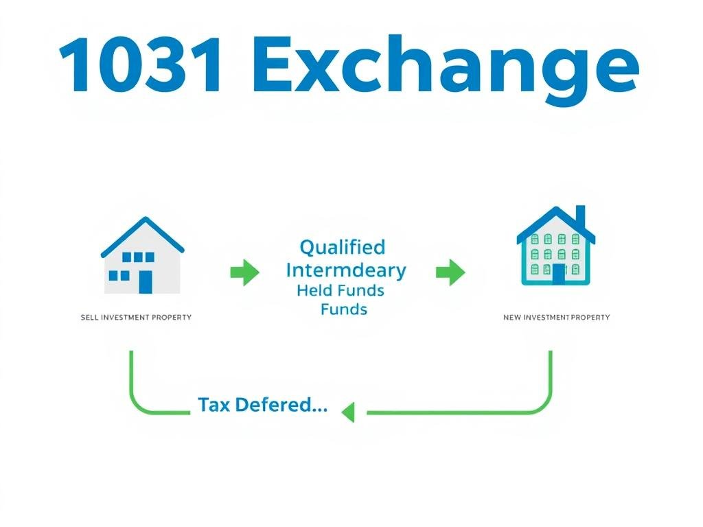 Diagram showing the 1031 exchange process with arrows connecting sold property to new property