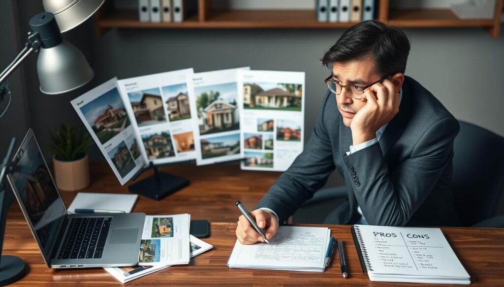 Real estate investor comparing multiple property listings with pros and cons list