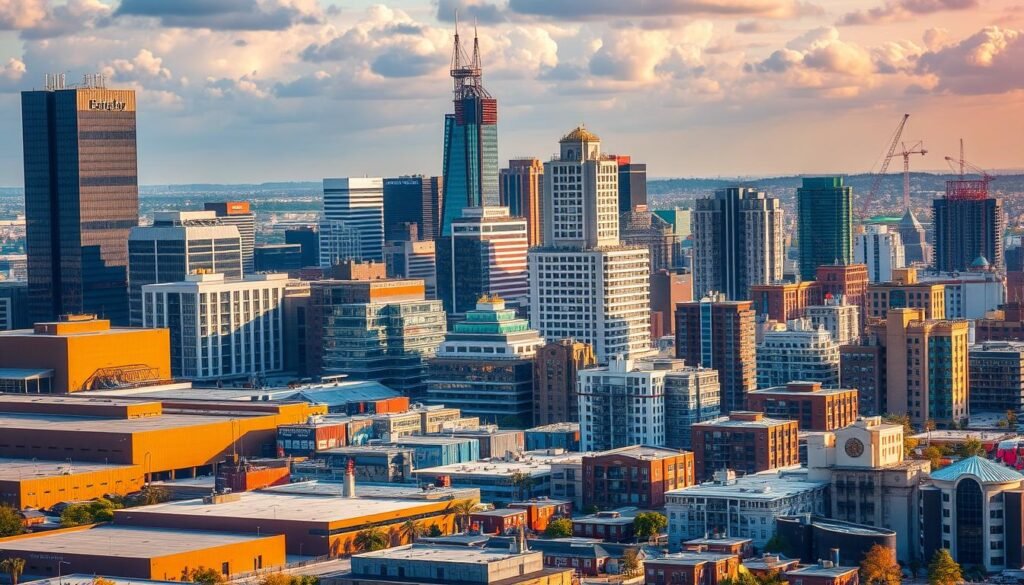 Specialized real estate categories: a modern cityscape with diverse architectural styles, including towering skyscrapers, sleek commercial buildings, and unique residential structures. Vibrant colors and dynamic lighting create an energetic atmosphere, conveying the thriving nature of the urban landscape. In the foreground, a range of property types are showcased, from large industrial warehouses to smaller, specialized retail spaces. The middle ground features a mix of office complexes and multi-family housing units, while the background is dominated by a mix of residential and mixed-use developments. The overall scene reflects the varied real estate options available for 1031 exchange transactions, captured through a wide-angle lens with a depth of field that highlights the intricate details of the urban environment.