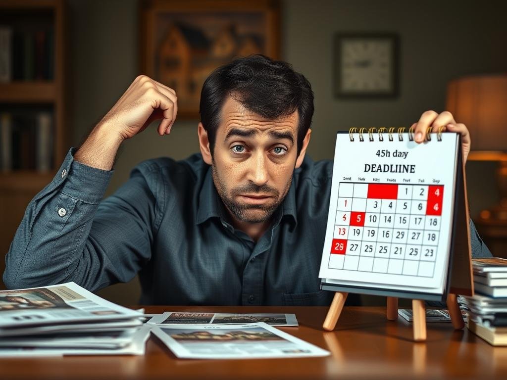 Stressed investor looking at calendar with 45-day deadline highlighted