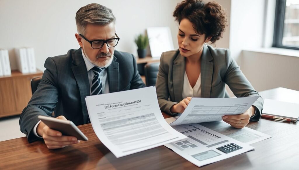 Tax professional reviewing 1031 exchange tax forms with client